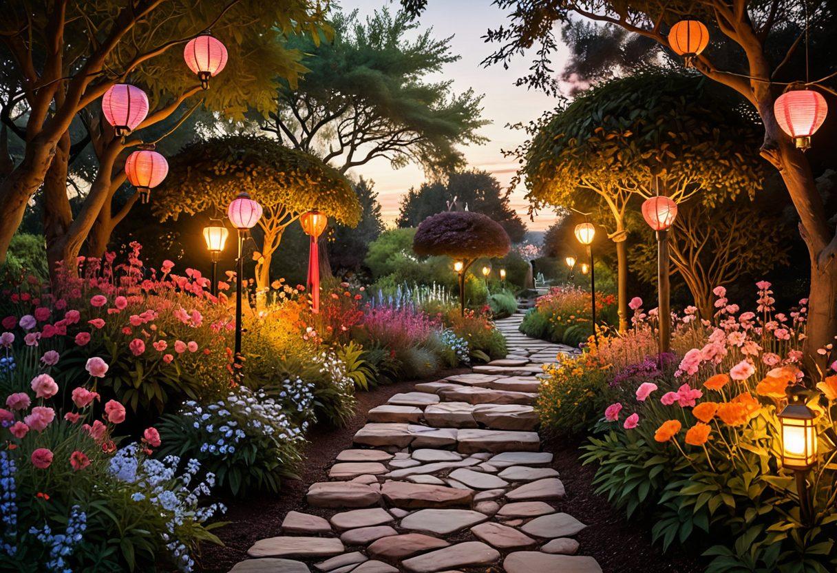 A whimsical pathway lined with beautiful blooming flowers and soft glowing lanterns, representing the journey from friendship to romance. Two silhouettes holding hands, looking towards a sunset filled with warm hues, symbolizing heartfelt bonds. Delicate heart motifs subtly integrated into the scenery, enhancing the emotional essence. super-realistic. vibrant colors. dreamy ambiance.