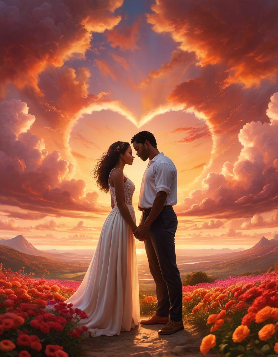 A heartwarming scene depicting a diverse couple sharing a tender moment under a glowing sunset, surrounded by symbols of love such as interlocked hands and heart-shaped clouds. Include vibrant flowers in the foreground representing growth and devotion, with soft, intimate lighting that evokes warmth and connection. super-realistic. vibrant colors. soft focus.