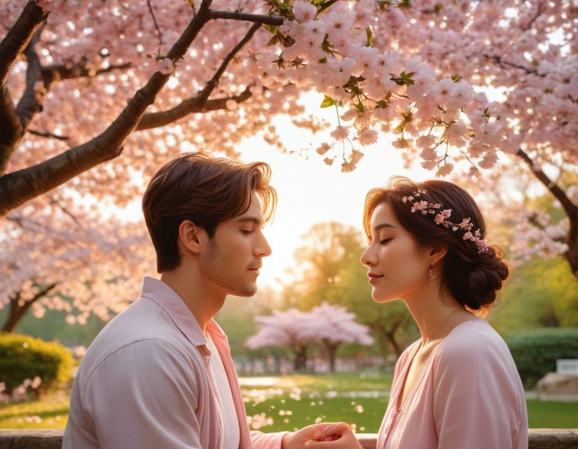 A warm, inviting scene featuring two people sharing a loving gaze under a blooming cherry blossom tree, soft petals gently falling around them. In the background, a serene park setting is filled with vibrant greenery and colorful flowers, symbolizing growth and connection. The atmosphere is imbued with a golden hour glow, highlighting the affection and warmth of their bond. super-realistic. vibrant colors. soft focus.